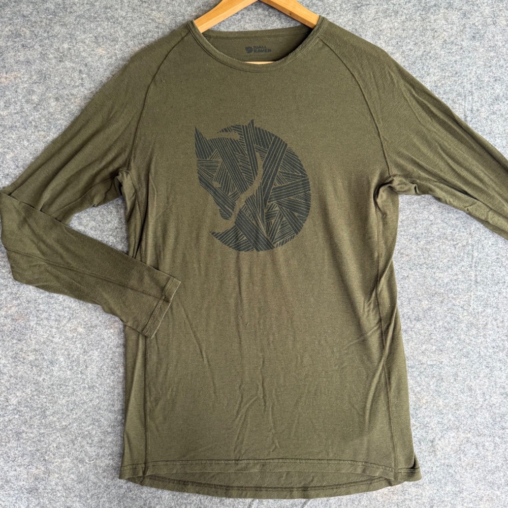 Fjallraven Abisko Trail Printed Long Sleeve T-Shirt Mens M Olive Green 81897